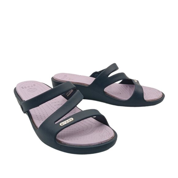 Crocs Patricia Wedge Sandals Womens 7 Navy Blue Strappy Comfort Slip On Slides - Picture 3 of 5